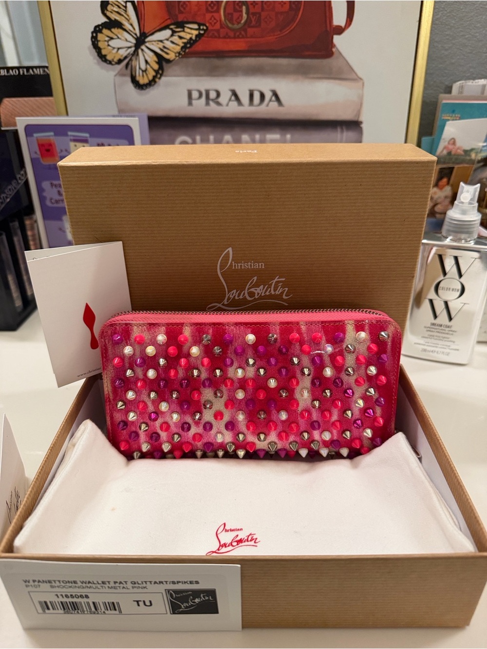 Christian Louboutin Panettone Wallet Patent Glittart  Spike Shocking Metal Pink
